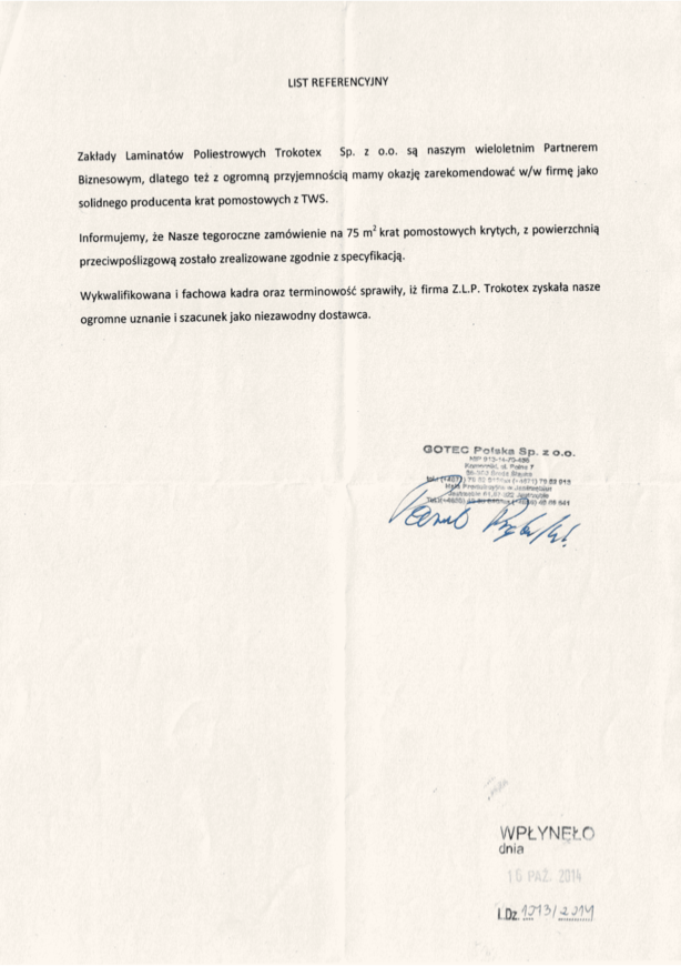 Referencja klienta – charakterystyka krat pomostowych Trokotex