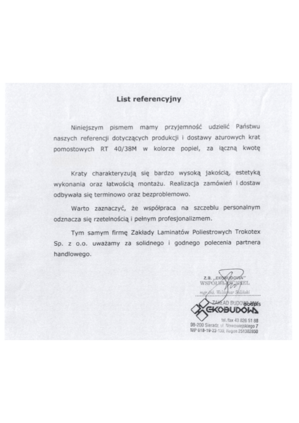 Referencja klienta – charakterystyka krat pomostowych Trokotex